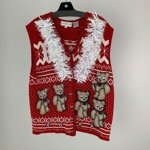 Ugly Christmas Sweater Vest Womens sz L Googly Eyed Bears Hand Crafted OOAK